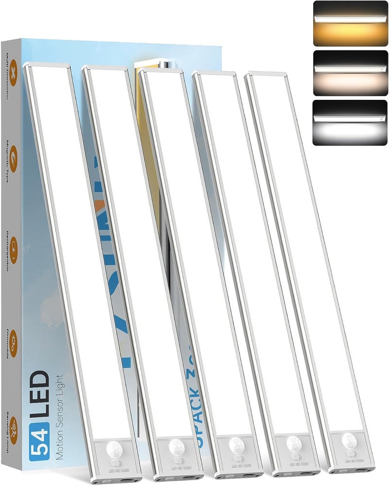 SUNLY Under Cabinet Lighting,54 LED 1800mAh Rechargeable,Motion Sensor Light,3 Colors Dimmable,Magnetic Closet Lights,Indoor Night Lights for Kitchen Bedroom Stairs 5 Pack - Image 1